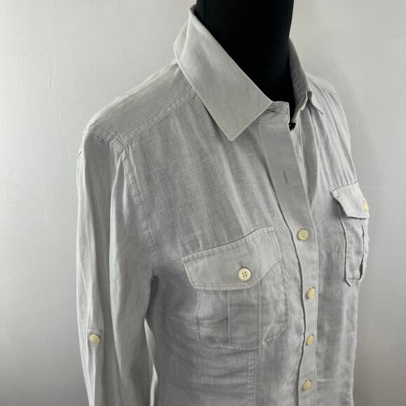 CLUB MONACO Button Down Top Shirt Blouse Gray Linen Long Sleeve Pockets Size? - Picture 6 of 8